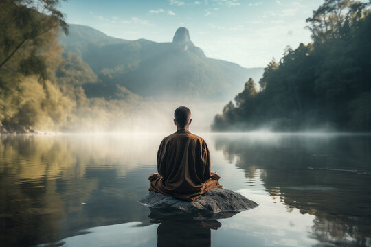 Monk meditating or meditating by a quiet lake - theme of inner balance, peace and tranquillity
