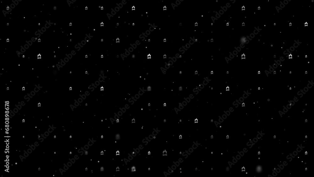 Poster template animation of evenly spaced bonfire symbols of different sizes and opacity. animation of tra