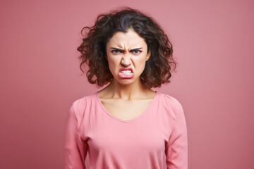 Fototapeta premium A young woman with an evil expression, making photography difficult in a tense and stressful situation.