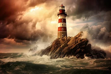 Rolgordijnen A captivating image of a lighthouse standing tall against a dramatic sea backdrop © KHADIJA