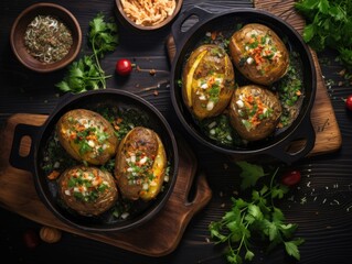 Flat lay view of stowed potatoes with herbs and spices on a pan table setting