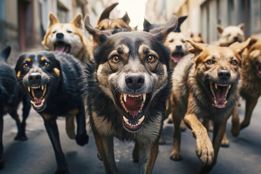 Uncontrolled barking dogs on the street, posing a potential threat to pedestrians.