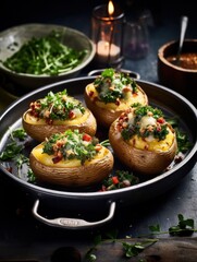 Kitchen Harmony: Flat Lay Composition of Potatoes, Fresh Herbs, and Exotic Spices