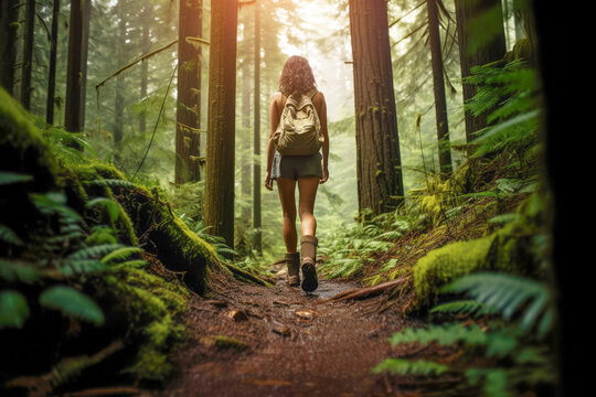 A captivating image of a young woman embarking on an autumn adventure, walking through a vibrant forest with a backpack, capturing the essence of freedom and exploration.
