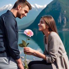Hombre regalando una flor a una mujer en un entorno natural con un lago y montañas nevadas