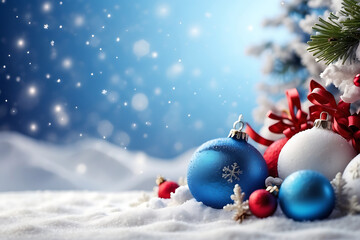 Fototapeta na wymiar Christmas ball in the snow on blurred light blue background