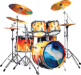 Watercolor drum set on white background - obrazy, fototapety, plakaty