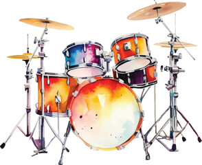 Watercolor drum set on white background