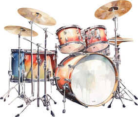 Watercolor drum set on white background