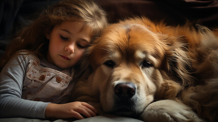 Cute child slipping with a dog on sofa, friendships between child and dog concept, ai generated