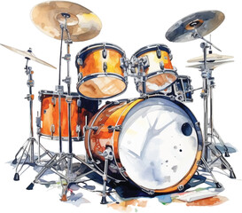 Fototapeta na wymiar Watercolor drum set on white background