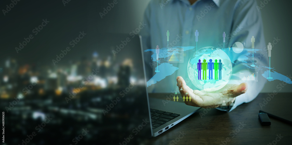 Poster customer relationship management concept. businessman uses computer to access global customer networ