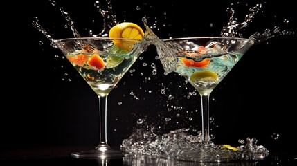 Martini glasses with splashes of water and fruits on black background