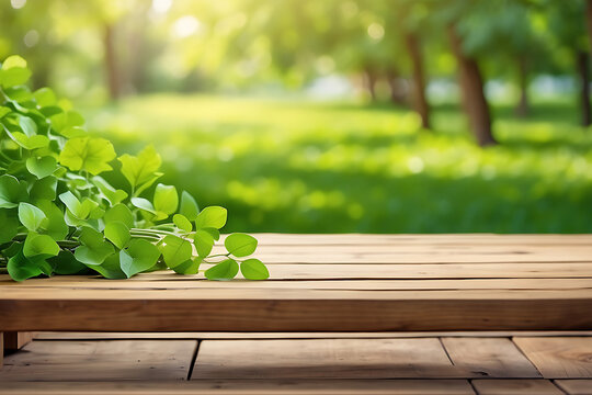 Wood table top with natural forest and green background