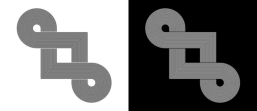 Abstract art parallel lines as geometric design element. Black shape on a white background and the same white shape on the black side.