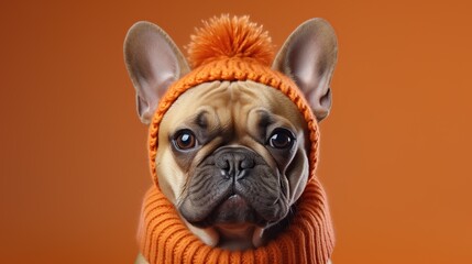 Cute french bulldog dog in warm hat on color background, Generative AI