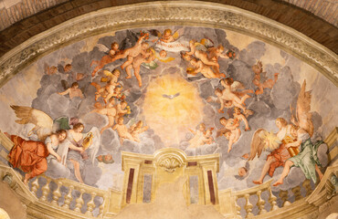VICENZA, ITALY - NOVEMBER 6, 2023: The fresco  Holy Spirit in the main apse in the chruch Basilica dei Santi Felice e Fortunato by Giulio Carpioni (1613 - 1678). - obrazy, fototapety, plakaty