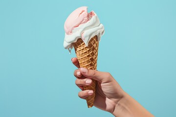Hand with ice cream, blue background, photorealistic, Generative AI