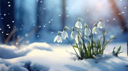 Close up of snowdrop flowers blooming in snow covering. First spring flowers. Generative AI - obrazy, fototapety, plakaty