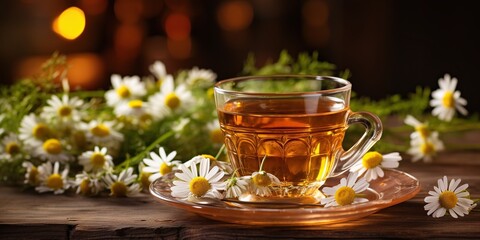 Herbal tea with fresh chamomile flowers on old wooden background, Generative AI - obrazy, fototapety, plakaty