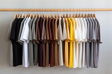 Many t shirts on a rack inside a closet space and display space concept, Generative AI