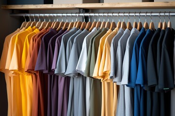 Obraz premium Many t shirts on a rack inside a closet space and display space concept, Generative AI