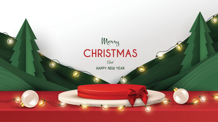 Merry Christmas sale promotion poster banner with product display and decoration background