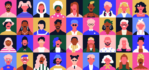 People face avatars set. Abstract characters, colorful bright head portraits in trendy style. Diverse men, women. User profiles, mosaic geometric community pattern. Colored flat vector illustration - obrazy, fototapety, plakaty