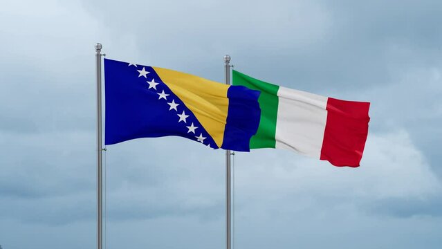 Italy and Bosnia and Herzegovina flag waving together on cloudy sky, endless seamless loop, two country cooperation concept
