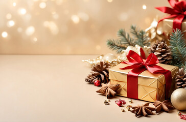 Christmas gift box and pine cones on the background of bokeh garlands