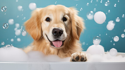 Golden retriever  dog peeking out of a bath, Dog is taking a  bath, soap bubbles 