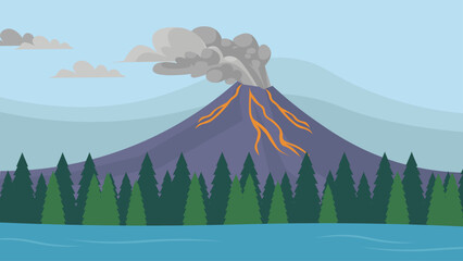 Volcano eruption in flat style. Landscape with volcano and forest. Vector illustration. © Volodymyr