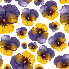 Seamless flower pattern. Garden Viola. Pansy buds. Watercolor illustration of flowers. For background design, textiles, packaging