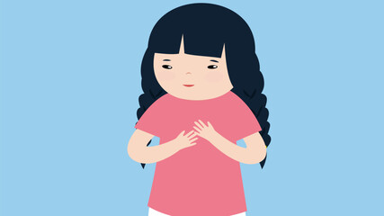 cute little girl with hands on chest, vector illustration in flat style