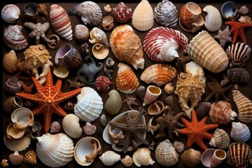A captivating image of a seashell collection arranged artistically - obrazy, fototapety, plakaty