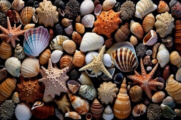 A captivating image of a seashell collection arranged artistically - obrazy, fototapety, plakaty