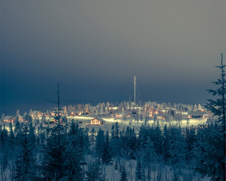Forest and cabins under snow at night