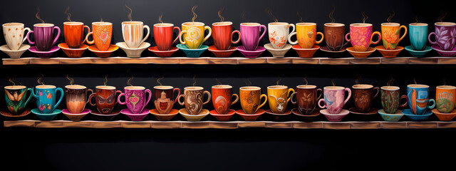 Fototapeta premium a vivid and colorful display of various types of coffee cups, arranged artistically