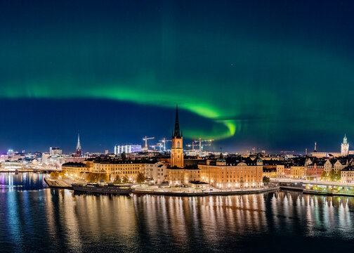 Aurora borealis above city of Stockholm,Sweden