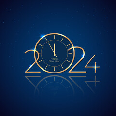 Happy New Year 2024, 24. Holiday greeting card. Shiny golden 2024 on blue background. New Year design for invitation, calendar, greeting card. Gold logo. Party event decoration. Vector illustration