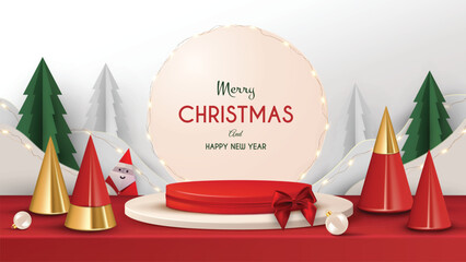 Merry Christmas sale promotion poster banner with product display and decoration background