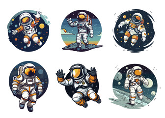 Adventurous Astronaut Cartoon Collection. Astronaut Cartoon Sticker, Apparel T-shirt, Logo Mascot
