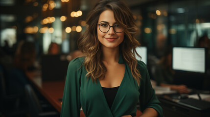 Bella donna con capelli lunghi in un moderno ufficio con abito elegante e occhiali - obrazy, fototapety, plakaty