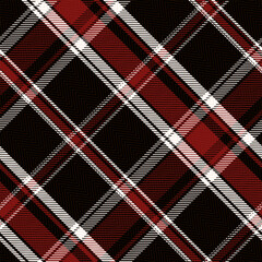 Check Plaid Seamless Pattern, Diagonal Gingham In Black and Red (Maroon) and White Multi, Lumberjack Tartan Vector Pixel Textured with Herringbone