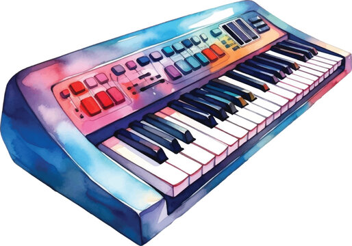 Watercolor electric keyboard on white background