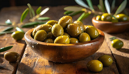 Close-up of an old olive wood bowl, full of fresh green olives wet with dew, on a wooden table with olive branches.