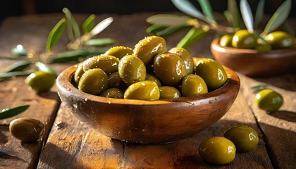 Tuinposter Close-up of an old olive wood bowl, full of fresh green olives wet with dew, on a wooden table with olive branches. © Alberto Masnovo