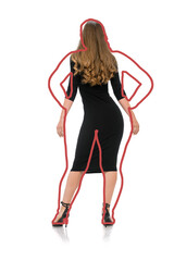 Slim young woman with drawn fat silhouette around body comparing size after slimming, a slim young...