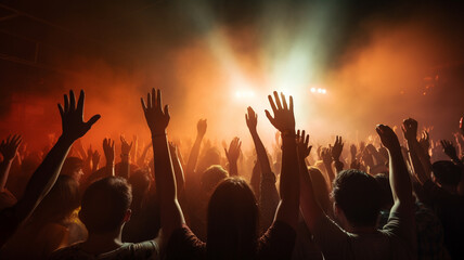 crowd at concert with raised hands in summer festival lights