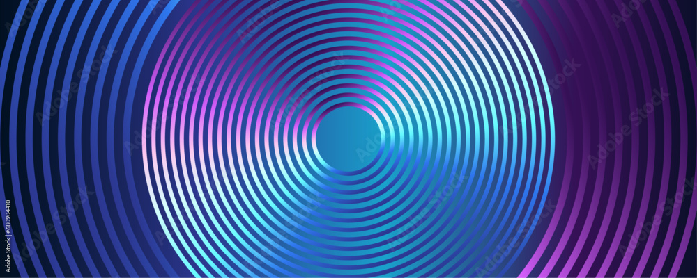 Poster Abstract circle line pattern spin colorful spectrum light lines weaving round shape isolated on black background. Vector illustration in concept of technology, science, music, modern digital design.